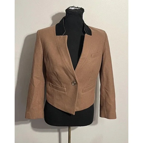 Trouve Blazer Womens Small Camel Tan Wool Blend Cropped One Button Jacket - Picture 1 of 15